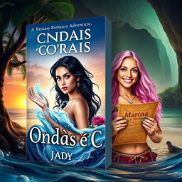 Create an eBook cover for a fantasy romance adventure titled 'Ondas e Corais' by Jady