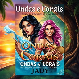 Create an eBook cover for a fantasy romance adventure titled 'Ondas e Corais' by Jady