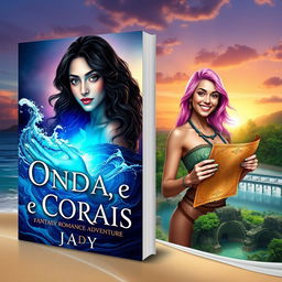 Create an eBook cover for a fantasy romance adventure titled 'Ondas e Corais' by Jady