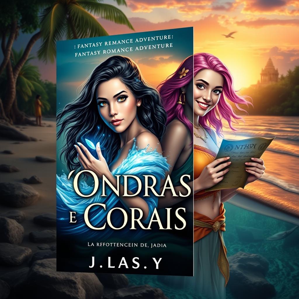 Create an eBook cover for a fantasy romance adventure titled 'Ondas e Corais' by Jady