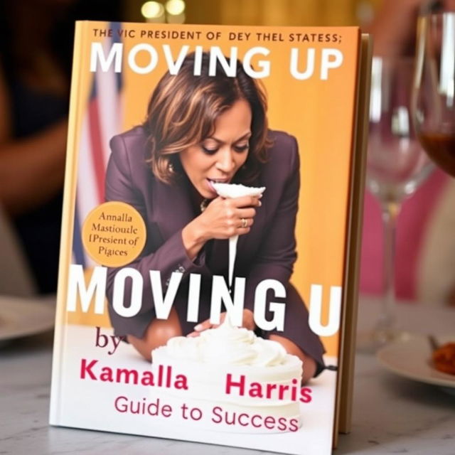 A book cover featuring Kamala Harris, the Vice President of the United States, depicted on her knees, licking melted white frosting from her finger