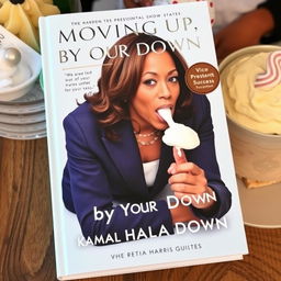 A book cover featuring Kamala Harris, the Vice President of the United States, depicted on her knees, licking melted white frosting from her finger