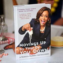 A book cover featuring Kamala Harris, the Vice President of the United States, depicted on her knees, licking melted white frosting from her finger