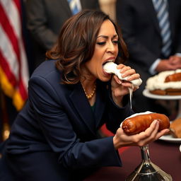 Kamala Harris, the Vice President of the United States, is depicted on her knees, licking melted white frosting from a kielbasa