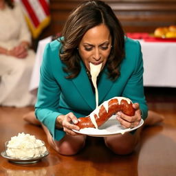 Kamala Harris, the Vice President of the United States, is depicted on her knees, licking melted white frosting from a kielbasa