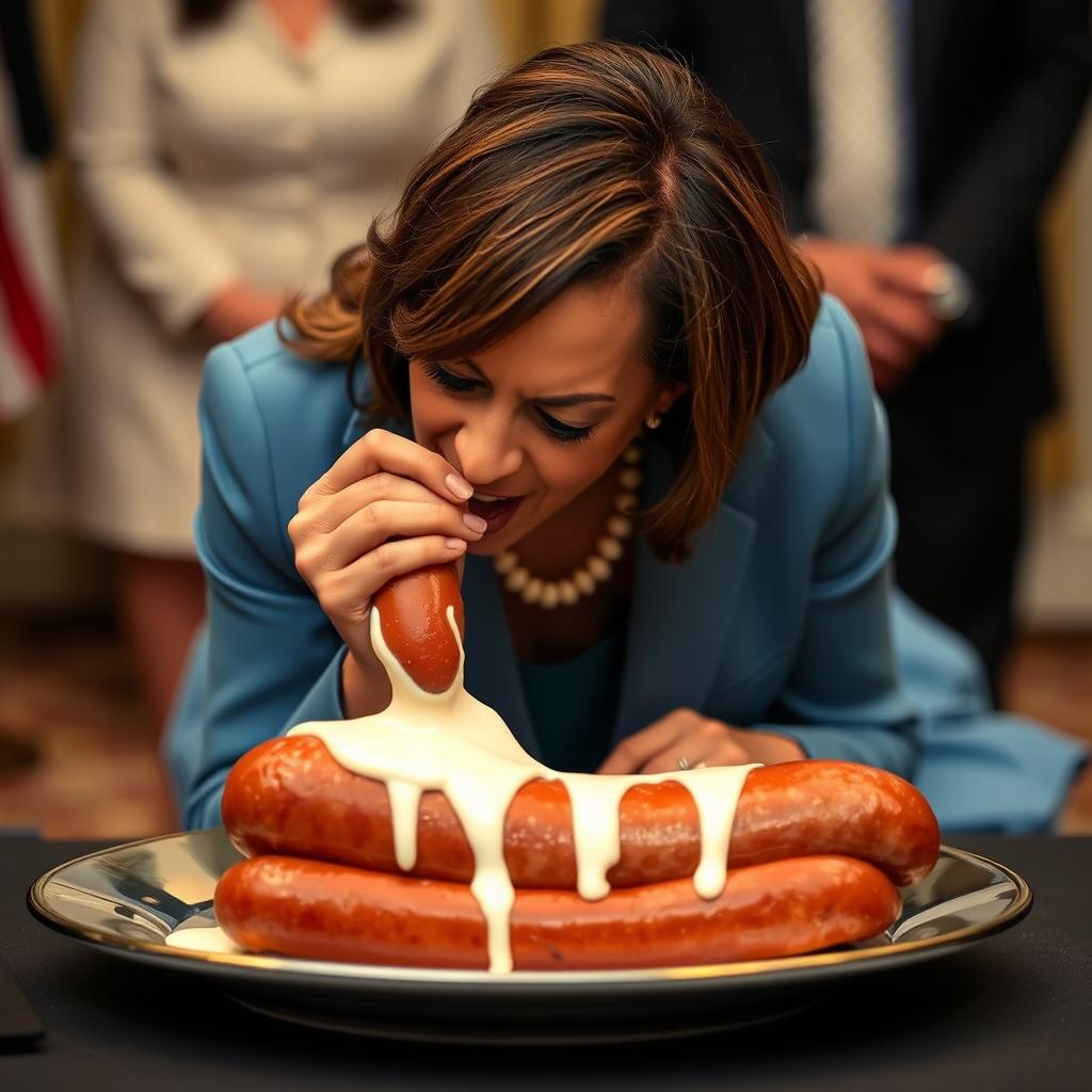 Kamala Harris, the Vice President of the United States, is depicted on her knees, licking melted white frosting from a kielbasa