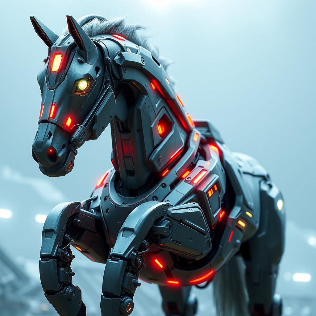 A highly detailed cybernetic robotic horse, featuring sleek metallic armor, glowing neon lights, and advanced mechanical joints