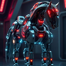 A highly detailed cybernetic robotic horse, featuring sleek metallic armor, glowing neon lights, and advanced mechanical joints