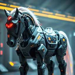 A highly detailed cybernetic robotic horse, featuring sleek metallic armor, glowing neon lights, and advanced mechanical joints