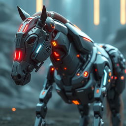 A highly detailed cybernetic robotic horse, featuring sleek metallic armor, glowing neon lights, and advanced mechanical joints