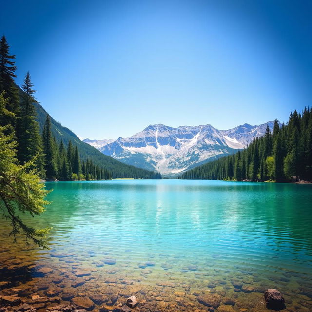 A serene landscape featuring a clear blue lake surrounded by lush green trees, with a majestic mountain range in the background under a bright, sunny sky