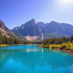 A serene landscape featuring a clear blue lake surrounded by lush green trees, with a majestic mountain range in the background under a bright, sunny sky