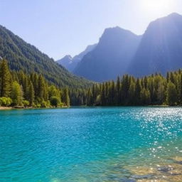 A serene landscape featuring a clear blue lake surrounded by lush green trees, with a majestic mountain range in the background under a bright, sunny sky