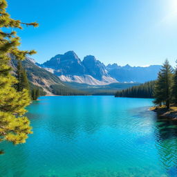 A serene landscape featuring a clear blue lake surrounded by lush green trees, with a majestic mountain range in the background under a bright, sunny sky