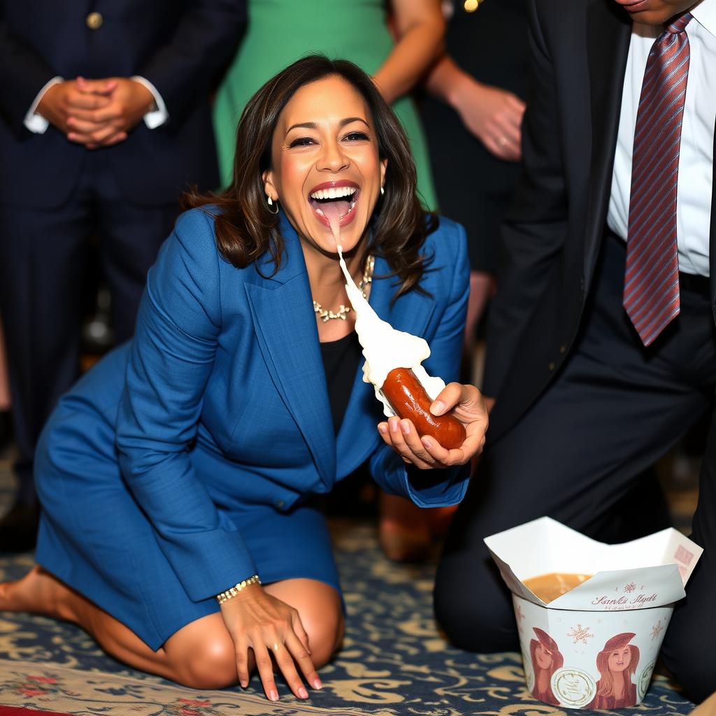 A happy Kamala Harris, the Vice President of the United States, is depicted on her knees, licking melted white frosting from a kielbasa held by a man in a suit