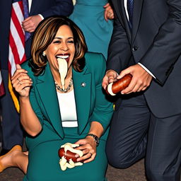 A happy Kamala Harris, the Vice President of the United States, is depicted on her knees, licking melted white frosting from a kielbasa held by a man in a suit