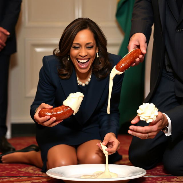 A happy Kamala Harris, the Vice President of the United States, is depicted on her knees, licking melted white frosting from a kielbasa held by a man in a suit