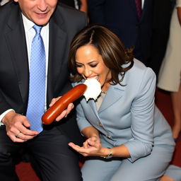 A happy Kamala Harris, the Vice President of the United States, is depicted on her knees, licking melted white frosting from a kielbasa held by a man in a suit