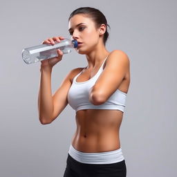 A young woman with a fit physique, wearing a white tank top and black pants, drinking water from a bottle