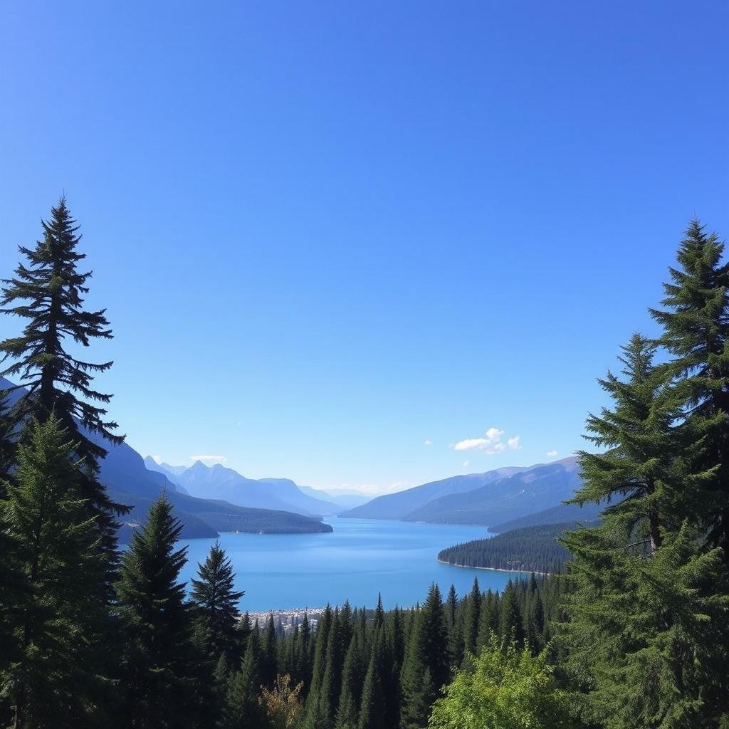 A beautiful landscape featuring a serene lake surrounded by lush green trees, with mountains in the background and a clear blue sky