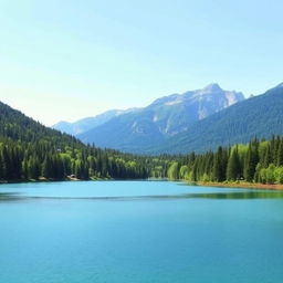 A beautiful landscape featuring a serene lake surrounded by lush green trees, with mountains in the background and a clear blue sky