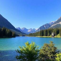 A beautiful landscape featuring a serene lake surrounded by lush green trees, with mountains in the background and a clear blue sky