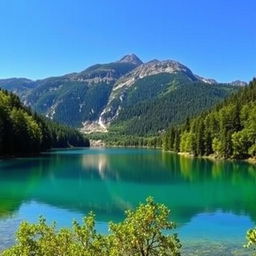 A beautiful landscape featuring a serene lake surrounded by lush green trees, with mountains in the background and a clear blue sky