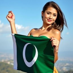 Create an image of an attractive woman holding a Pakistan flag