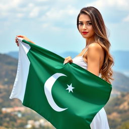 Create an image of an attractive woman holding a Pakistan flag