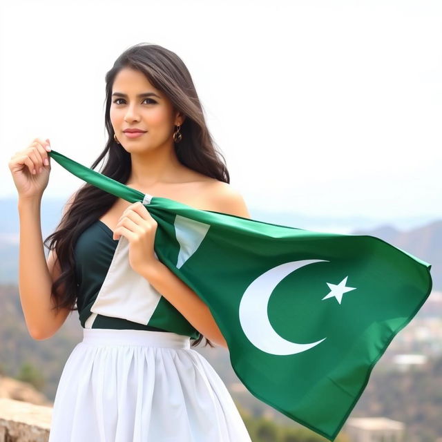 Create an image of an attractive woman holding a Pakistan flag