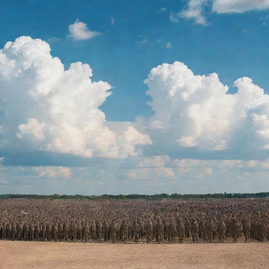 A vast, organized army lined up in formation, decked in camouflage, under a bright, cloud dotted sky.