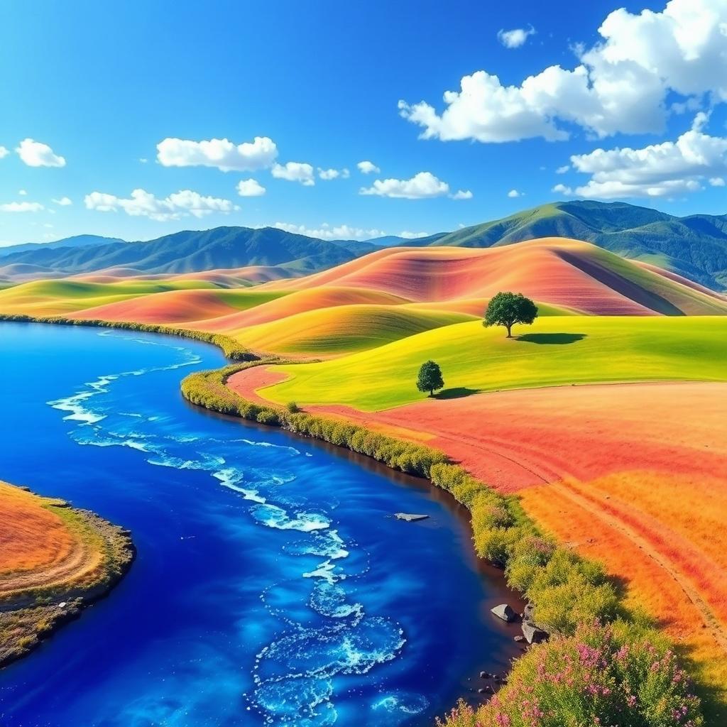 Create a vibrant and colorful image of a serene landscape featuring rolling hills, a clear blue sky, and a sparkling river flowing through the scene