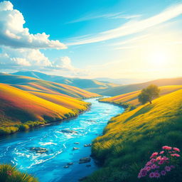 Create a vibrant and colorful image of a serene landscape featuring rolling hills, a clear blue sky, and a sparkling river flowing through the scene