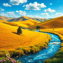 Create a vibrant and colorful image of a serene landscape featuring rolling hills, a clear blue sky, and a sparkling river flowing through the scene