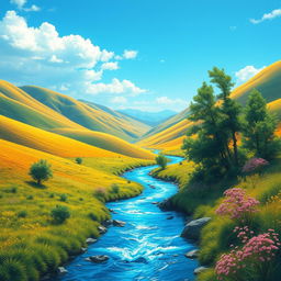 Create a vibrant and colorful image of a serene landscape featuring rolling hills, a clear blue sky, and a sparkling river flowing through the scene