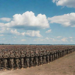 A vast, organized army lined up in formation, decked in camouflage, under a bright, cloud dotted sky.