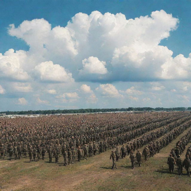 A vast, organized army lined up in formation, decked in camouflage, under a bright, cloud dotted sky.