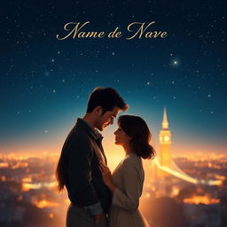 A romantic movie poster featuring a couple standing close together under a starry night sky