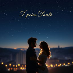 A romantic movie poster featuring a couple standing close together under a starry night sky