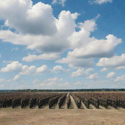 A vast, organized army lined up in formation, decked in camouflage, under a bright, cloud dotted sky.