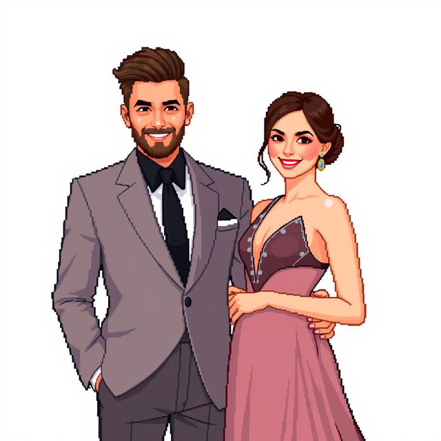 Create a pixel art image of a man and a woman posing for the camera