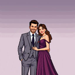 Create a pixel art image of a man and a woman posing for the camera