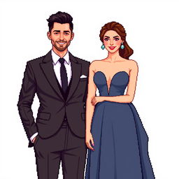 Create a pixel art image of a man and a woman posing for the camera