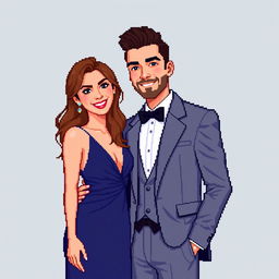 Create a pixel art image of a man and a woman posing for the camera