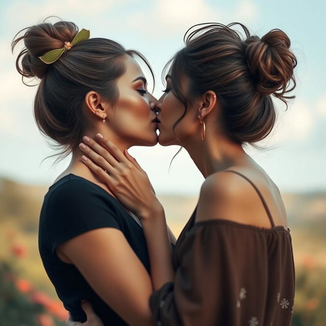 Create an image of two women sharing a kiss