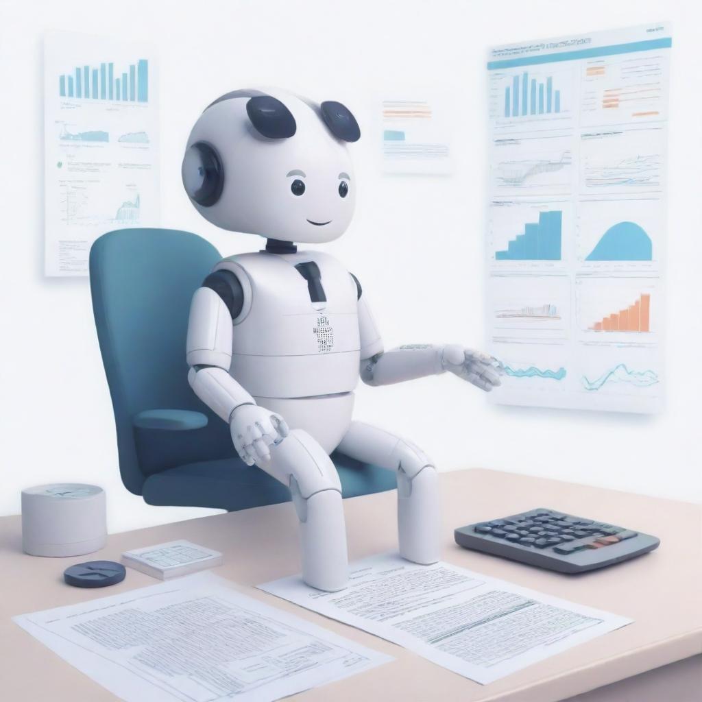 A playful, child-like illustration of an AI in the role of a successful accountant five years in the future, complete with a brief description to explain the scene.