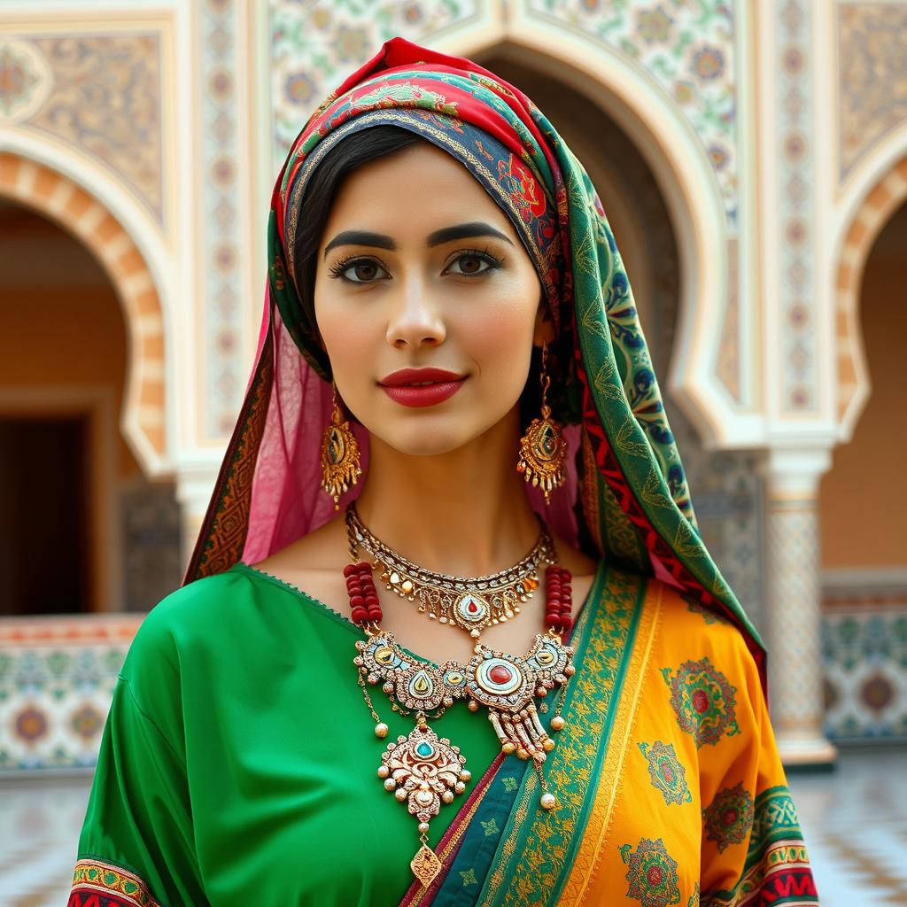 A beautiful Moroccan woman with traditional attire, including a colorful headscarf and intricate jewelry