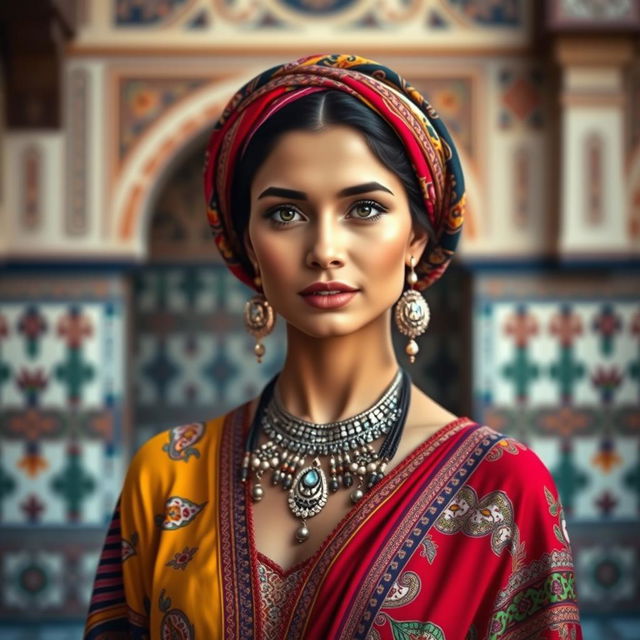 A beautiful Moroccan woman with traditional attire, including a colorful headscarf and intricate jewelry