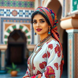 A beautiful Moroccan woman with traditional attire, including a colorful headscarf and intricate jewelry