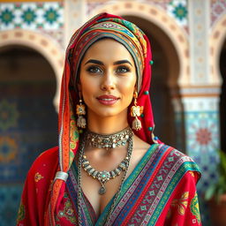 A beautiful Moroccan woman with traditional attire, including a colorful headscarf and intricate jewelry